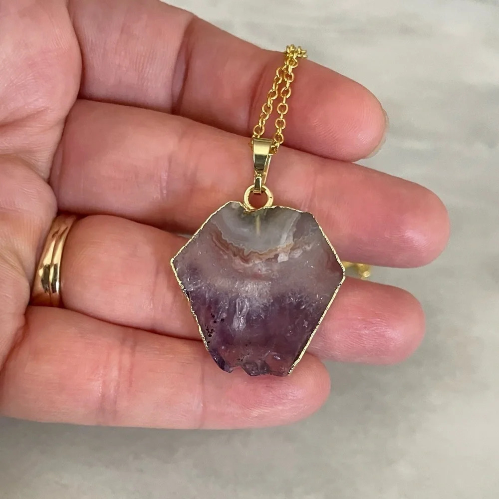 Hexagonal Amethyst Slice Pendant Necklace - Picture 7 of 9